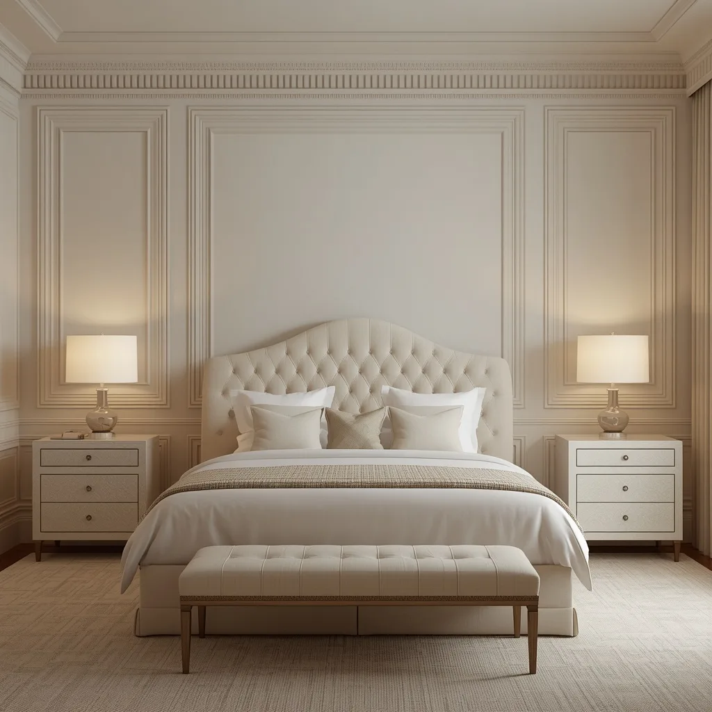 Concepto de habitación de hotel neoclásica en tonos crema y mármol — Véline Interiors