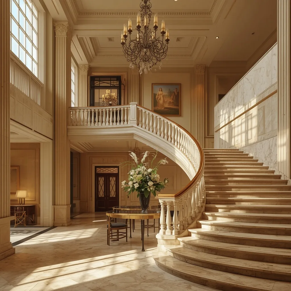 Concepto de lobby de hotel neoclásico con escalera monumental de mármol — Véline Interiors