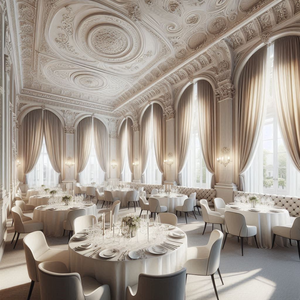 Concepto de restaurante neoclásico con techo de estuco y grandes ventanales — Véline Interiors