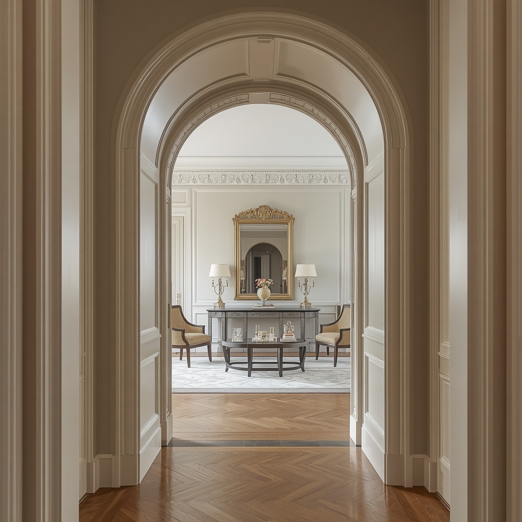 Concepto de salón residencial neoclásico con rosetón en techo y chimenea — Véline Interiors