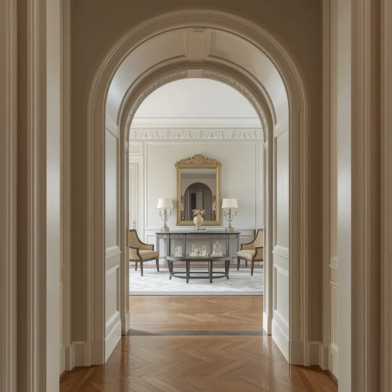 Concepto de salón residencial neoclásico con rosetón en techo y chimenea — Véline Interiors
