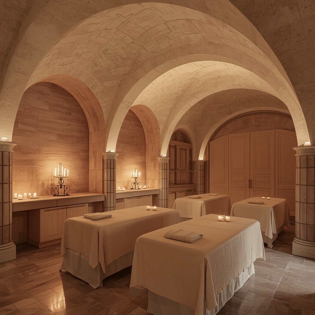 Concepto de spa neoclásico con piscina interior, columnas y bóveda de piedra — Véline Interiors