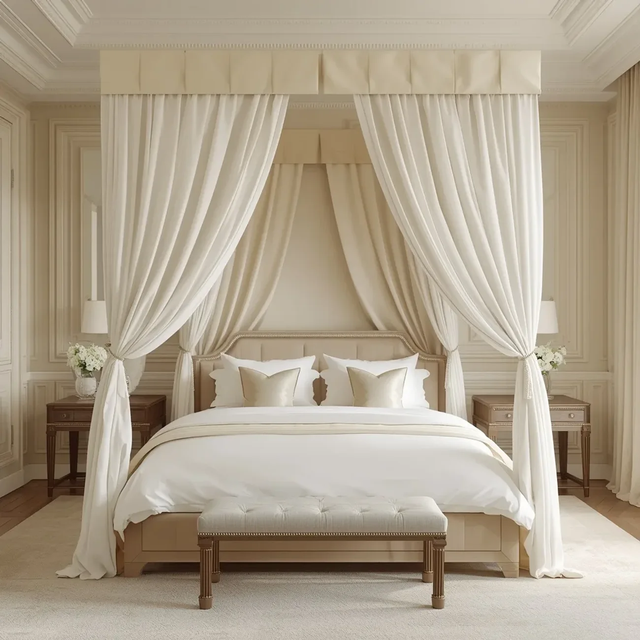 Concepto de suite neoclásica con dosel en marfil y panelado clásico — Véline Interiors