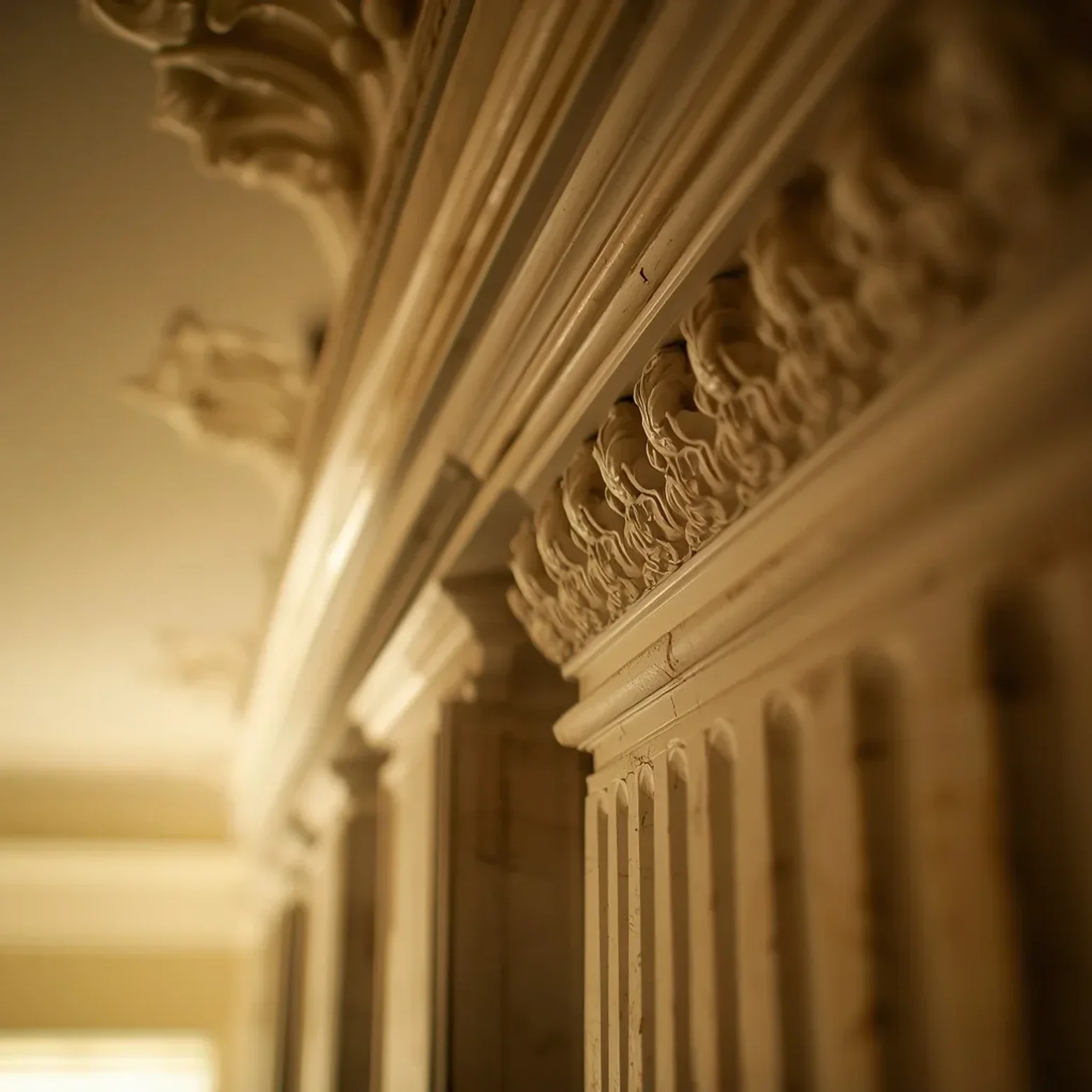 Detalle artesanal de moldura neoclásica en yeso — la esencia del diseño de Véline Interiors