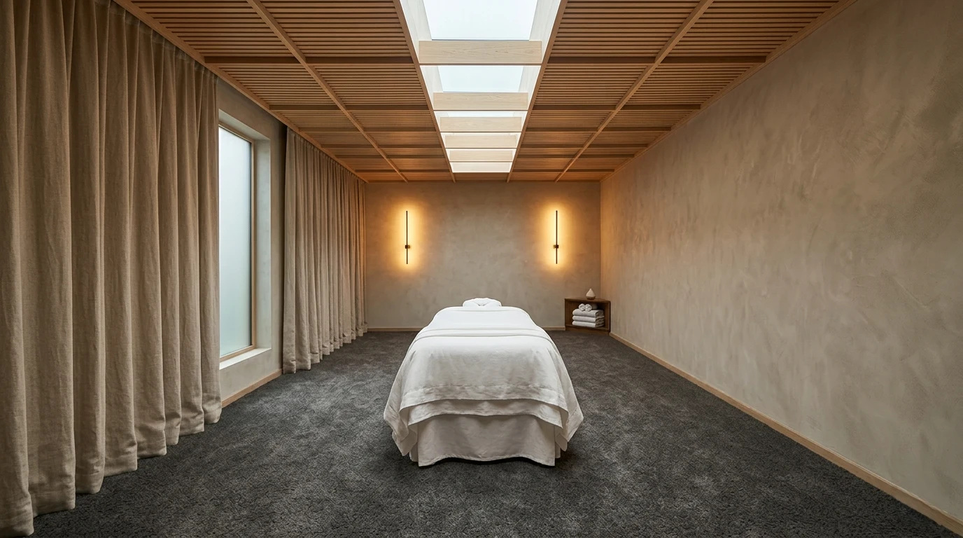 Cabine de massagem em spa de hotel de luxo com tecto de lamelas de madeira e claraboia, tapete escuro e luz quente indirecta