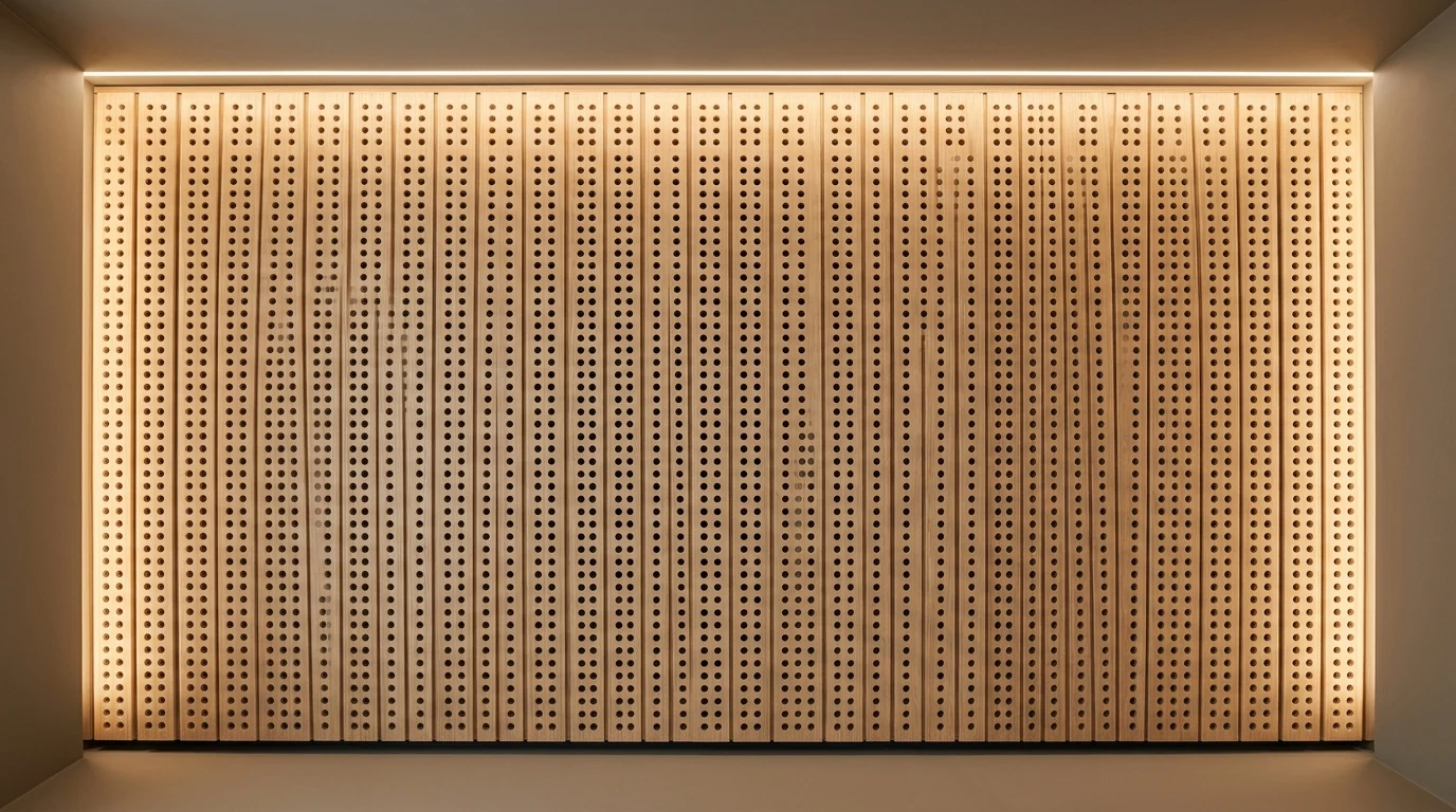 Detalhe de painel de madeira perfurada com iluminação de cornija integrada, sistema acústico técnico em espaço wellness de hotel