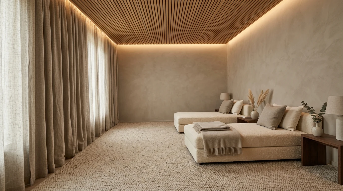 Spa relaxation lounge in a luxury hotel with absorbent textile materials, warm indirect lighting and no hard surfaces