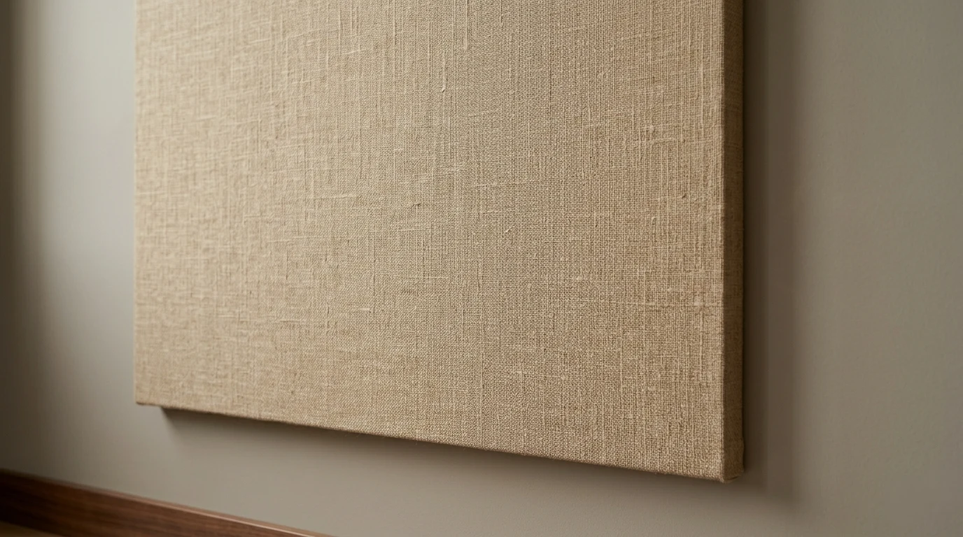 Detalhe de painel de linho natural estofado sobre bastidor com câmara de ar, tratamento acústico de parede em espaço wellness