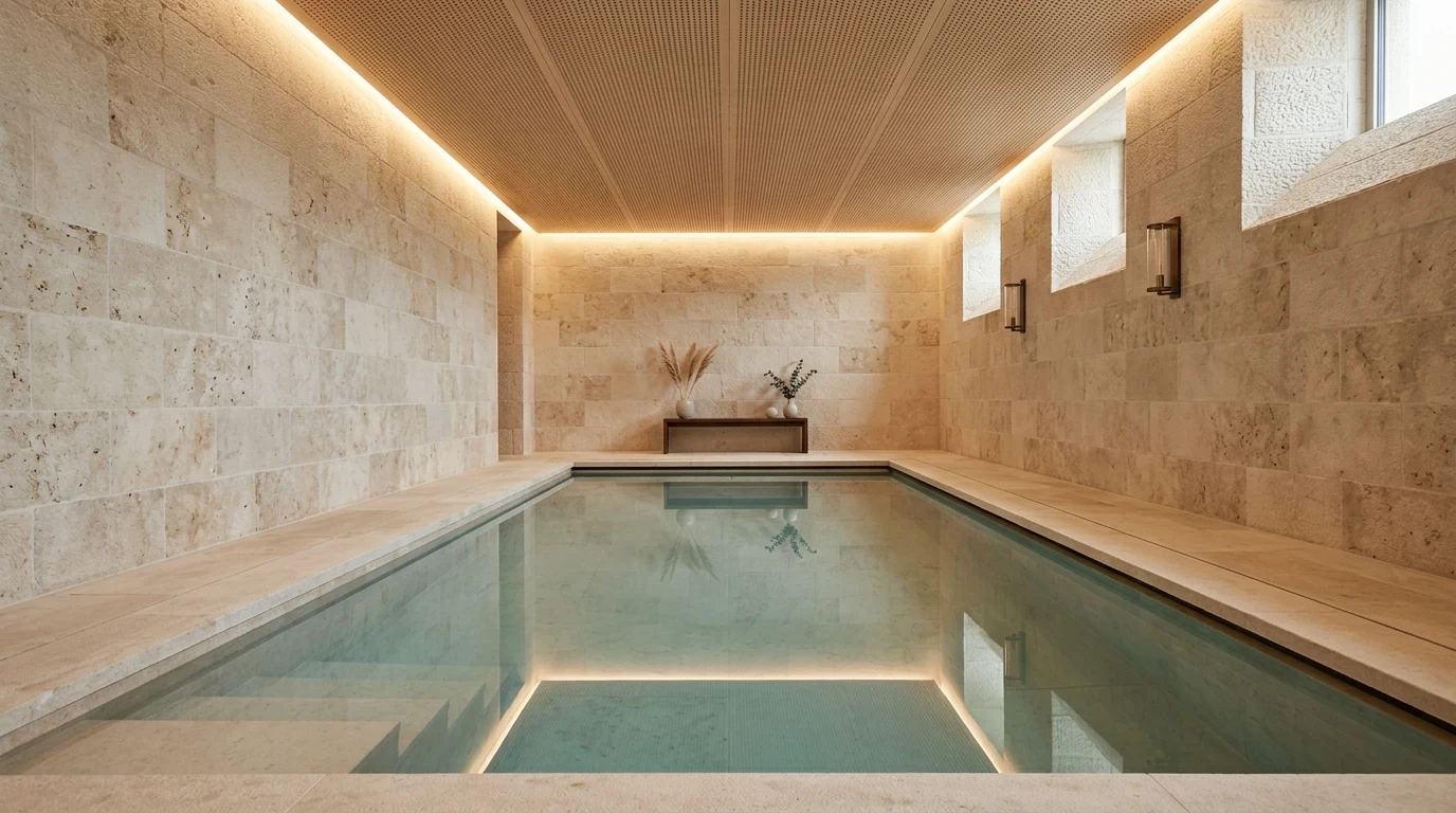 Zona de hidroterapia em hotel boutique com tecto perfurado de aço sobre piscina de água quente e muros de pedra travertino