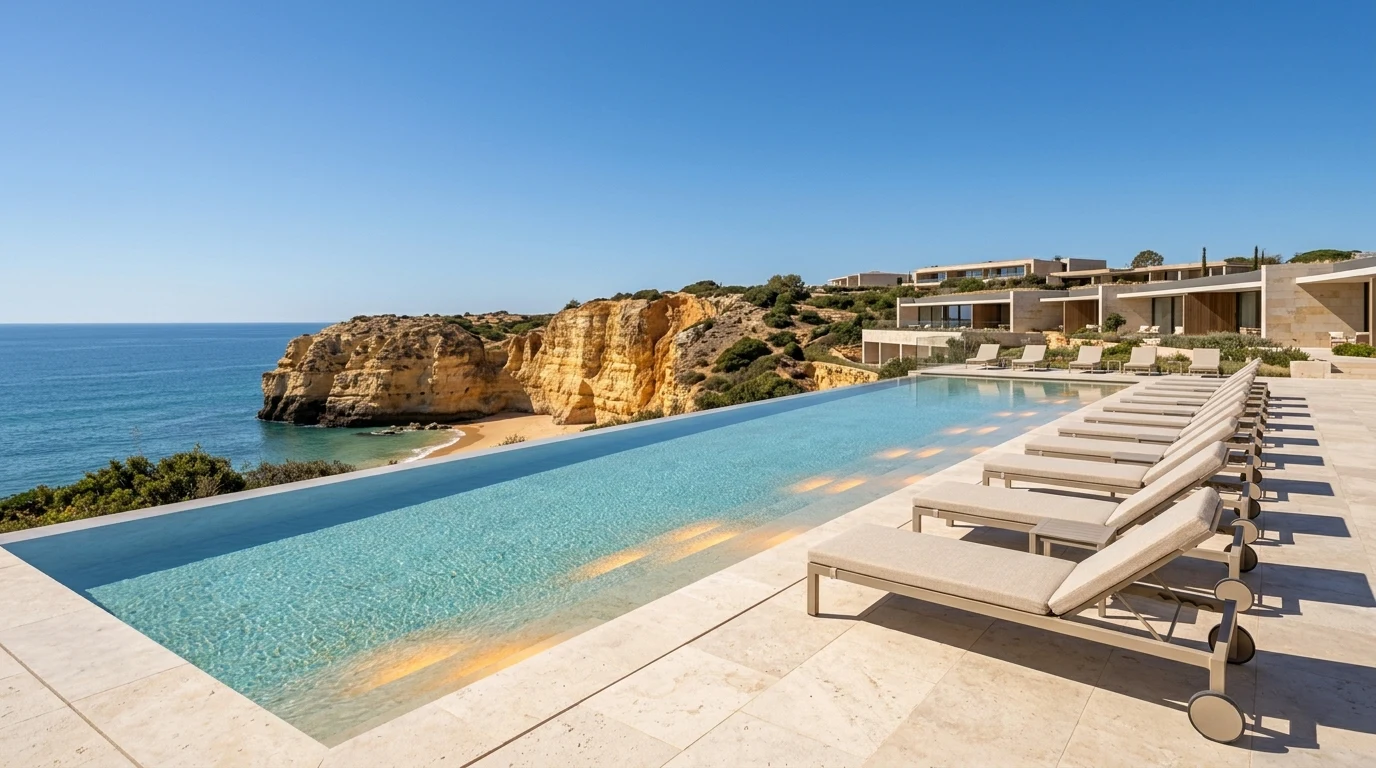Piscina infinita de resort de lujo en el Algarve con horizonte atlántico y borde en piedra local