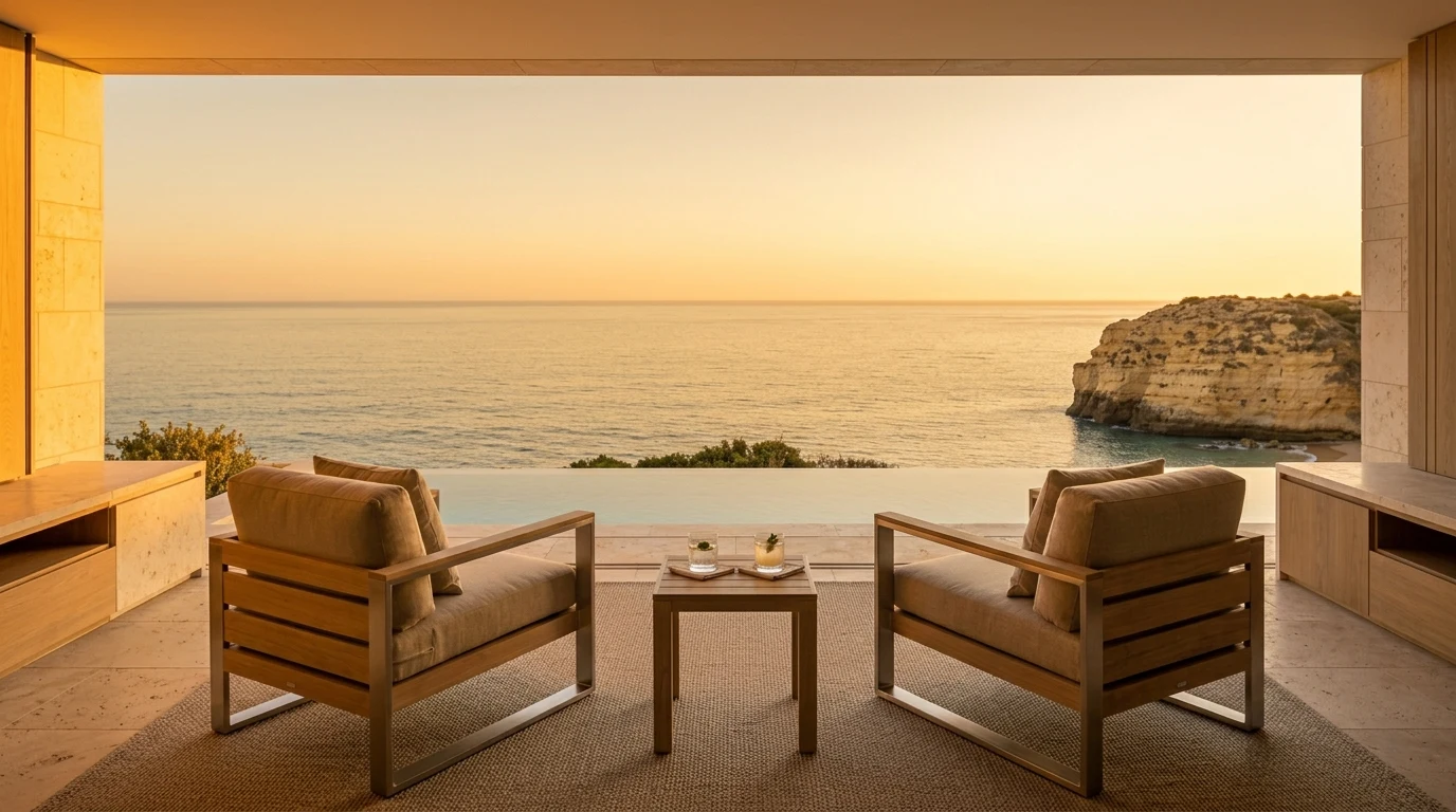 Terraza de suite de resort de lujo en el Algarve con luz dorada del atardecer, mobiliario noble y vistas al océano
