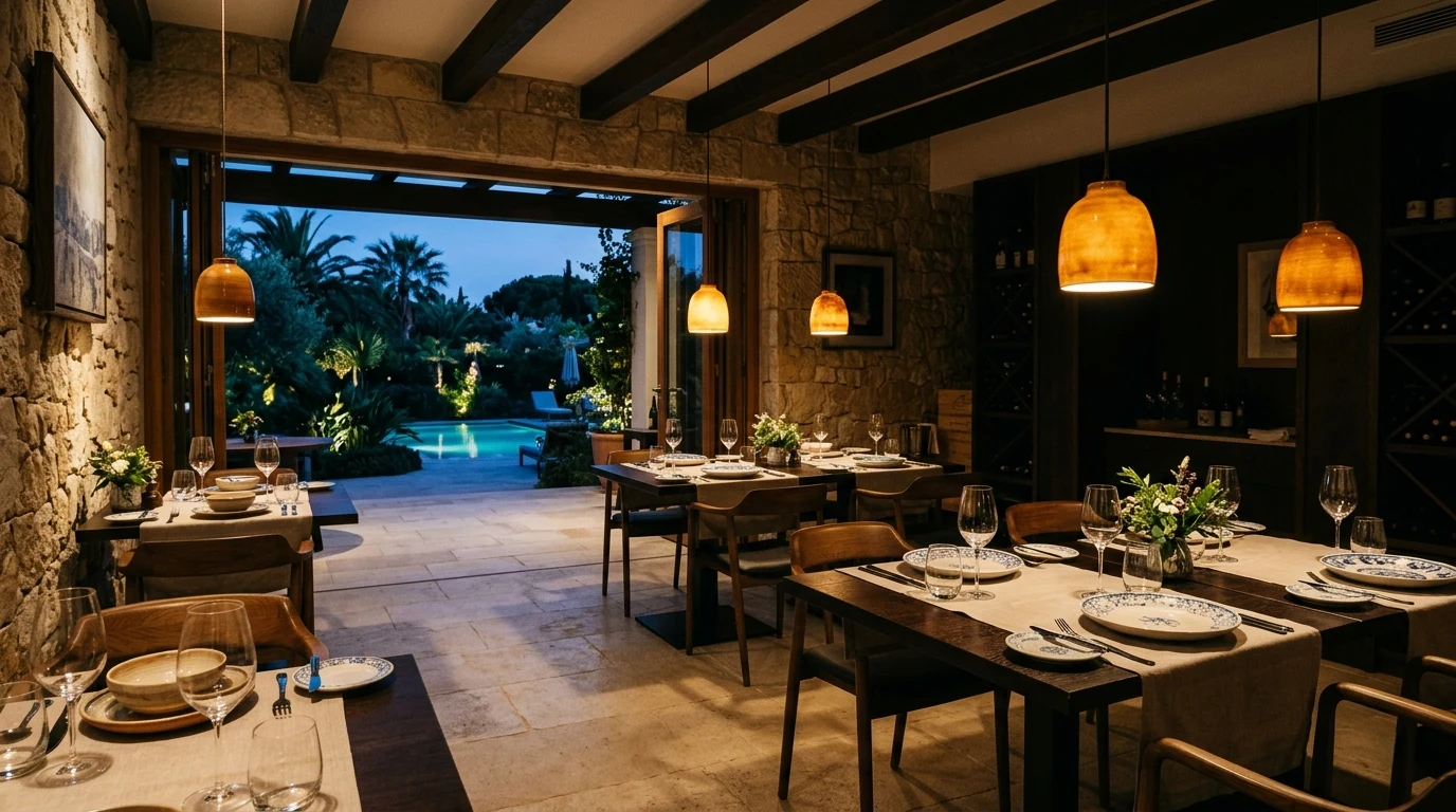 Restaurante de resort de lujo en el Algarve con materiales locales, luz natural filtrada y vistas al jardín