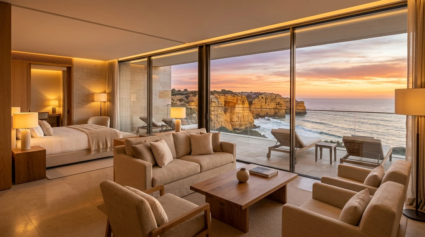 Suite de resort de lujo en el Algarve con vistas a las falésia y luz atlántica al atardecer