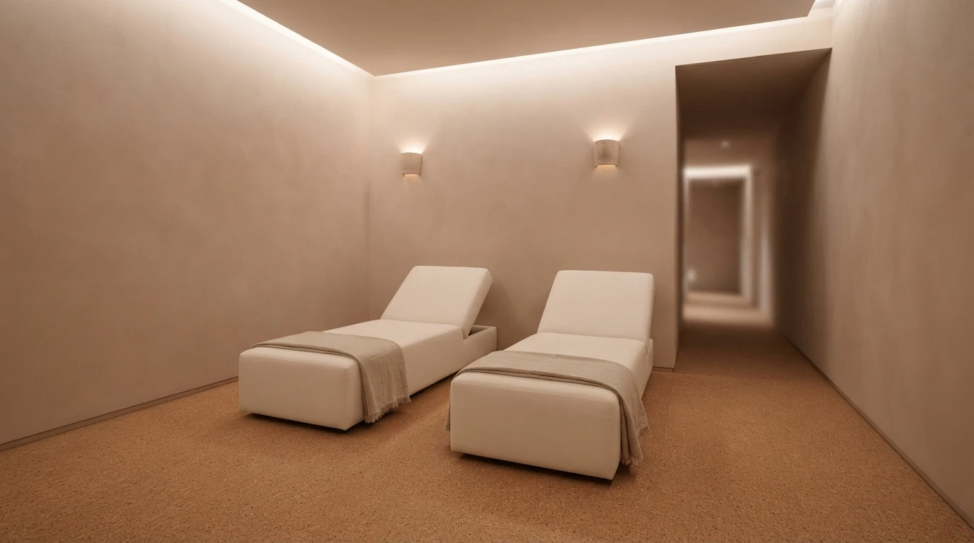Rest zone in a luxury spa with walls in soft desaturated terracotta, natural linen loungers and dim warm lighting