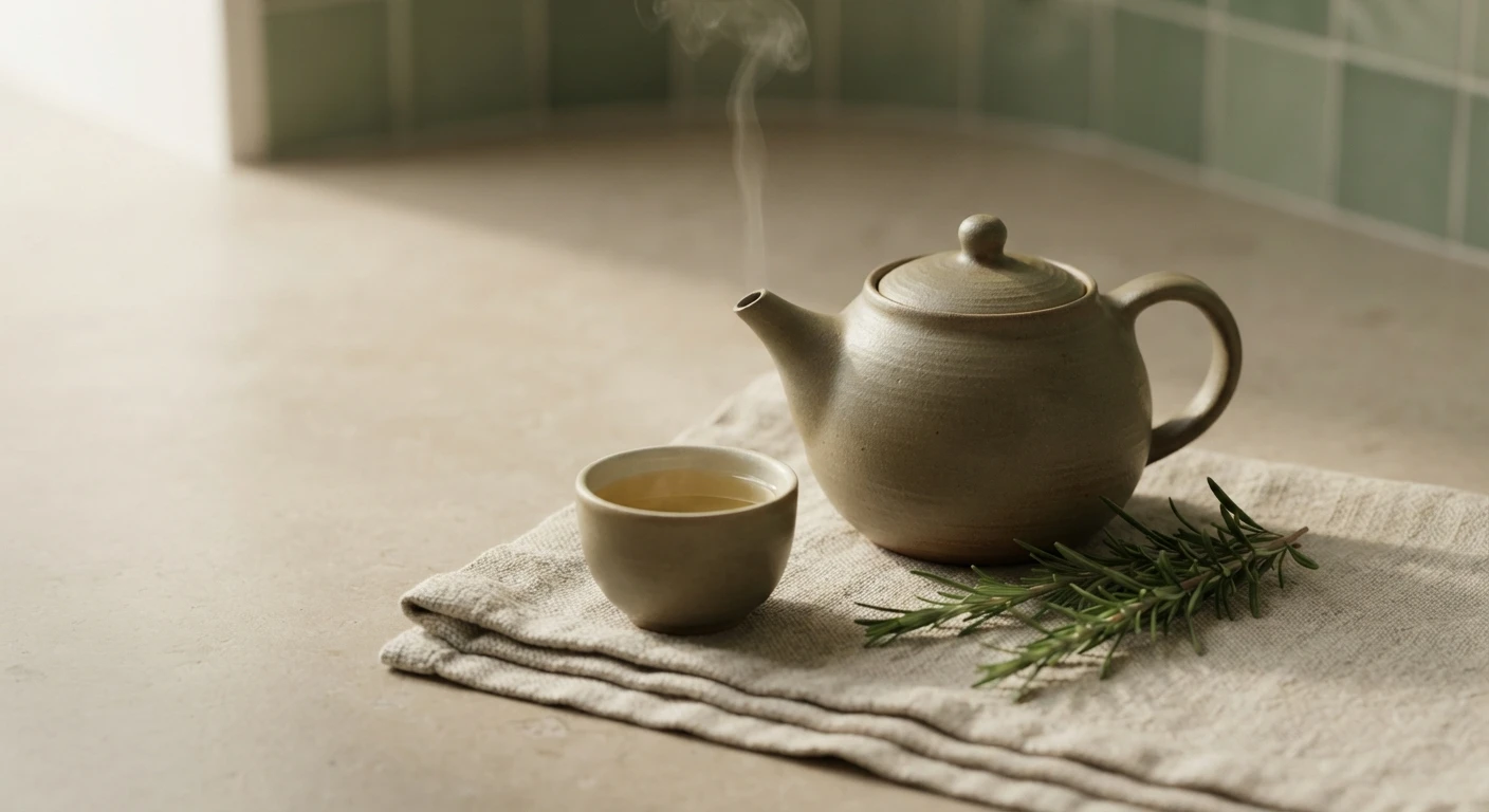 Handmade ceramic teapot and cup with steaming infusion and a sprig of rosemary on natural linen in a luxury spa