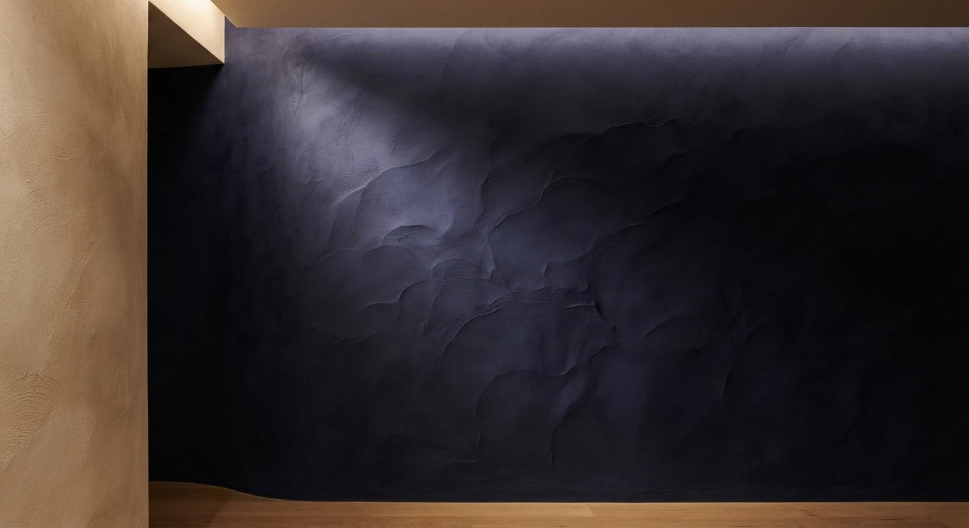 Detail of wall in deep indigo blue with raking light revealing lime plaster texture in a meditation spa