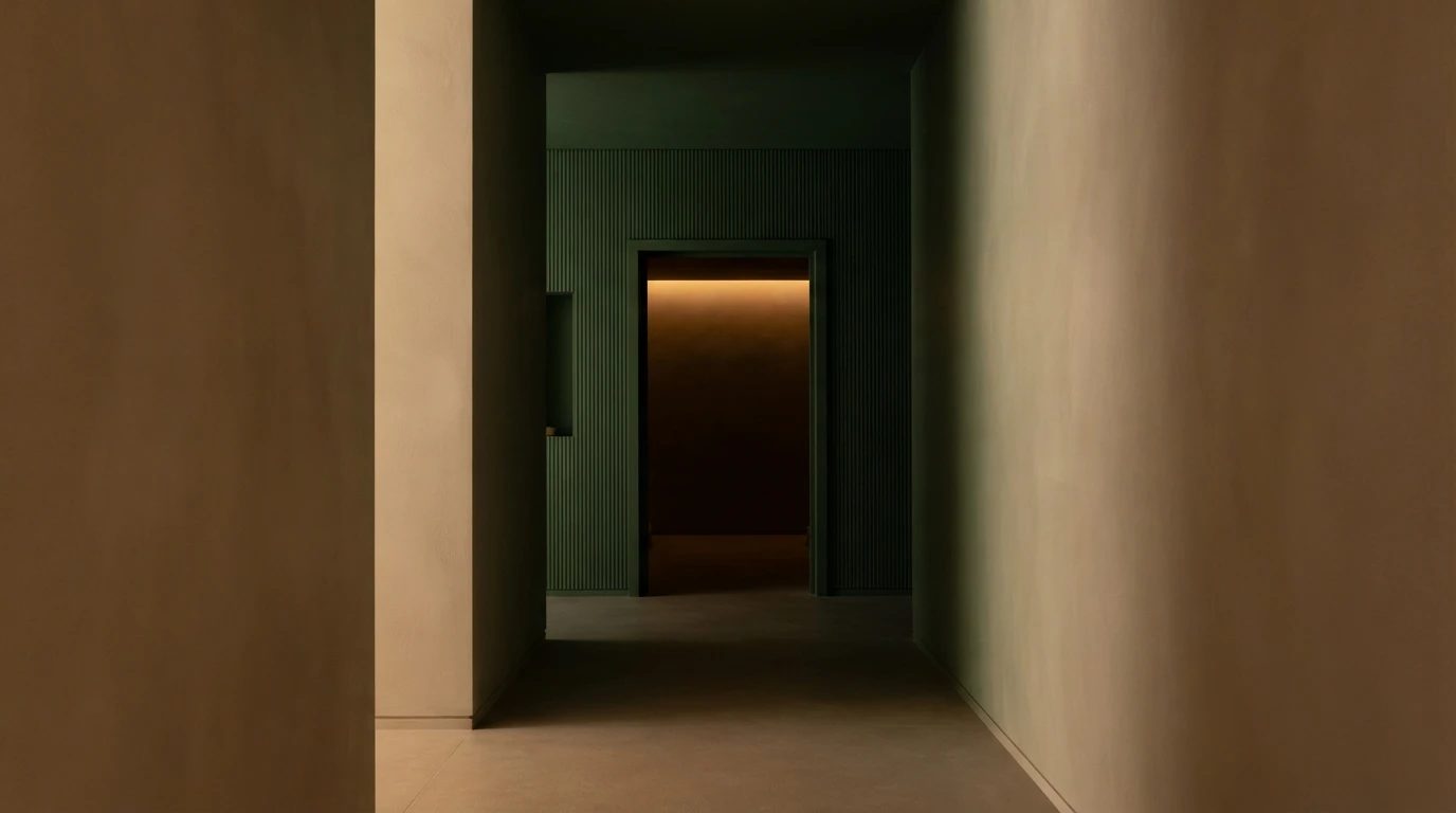 Spa corridor transitioning from warm neutral to deep green ribbed panelling as it approaches the destination room