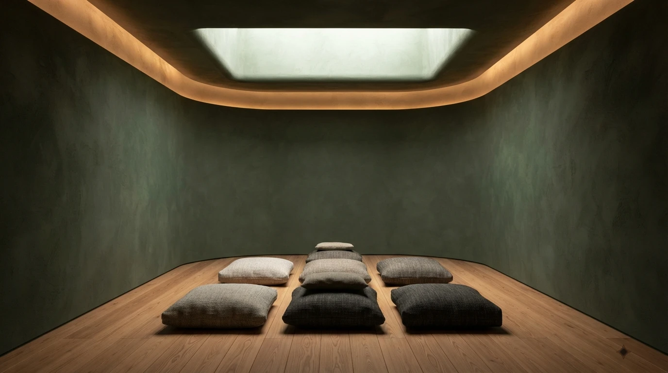 Meditation room in deep desaturated moss green with floor cushions, zenithal skylight and timber floor in a luxury spa