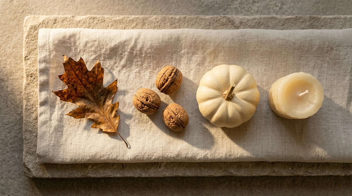 Mesa de café de sala con composición otoñal: nueces, calabaza pequeña decorativa, vela de cera de abeja y hoja seca de roble