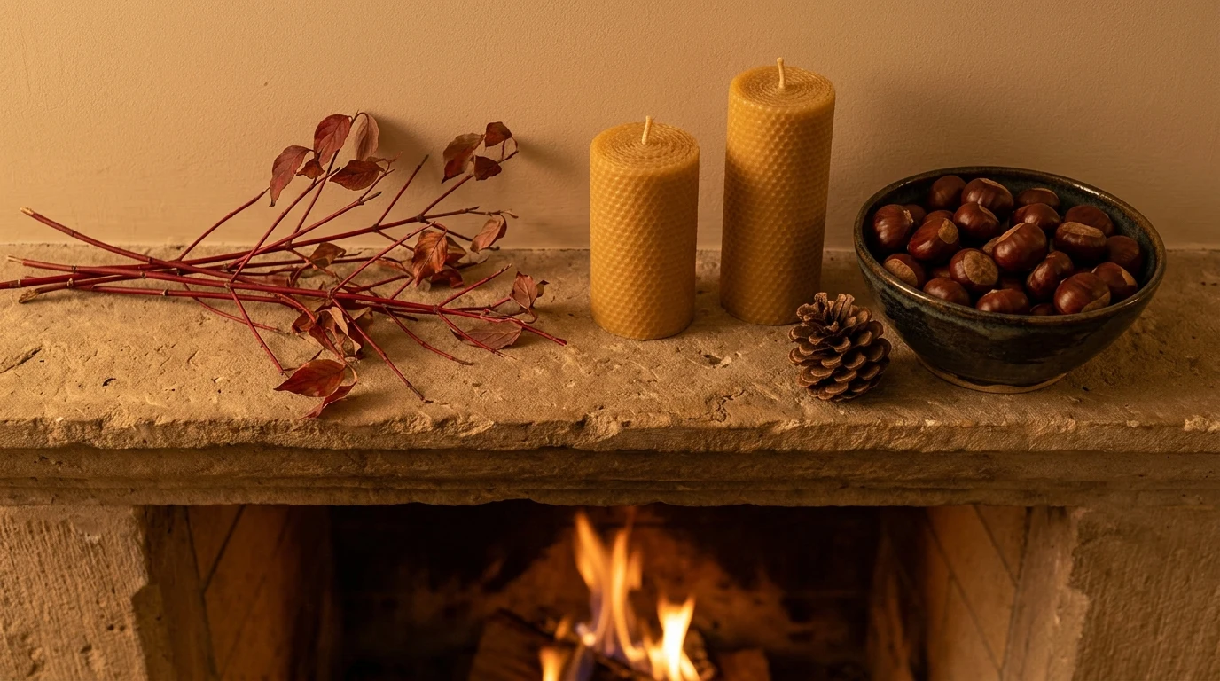 Repisa de chimenea encendida con composición otoñal: ramas de cornus, piñas, velas de cera de abeja y cuenco de cerámica con castañas