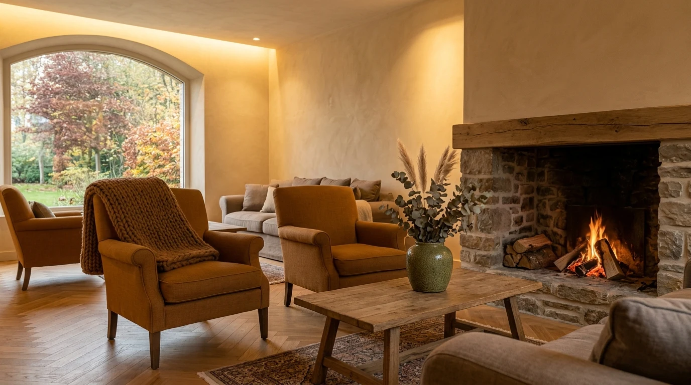 Salón de hotel boutique con decoración otoñal en paleta ámbar, terracota y verde musgo con textiles de lana y chimenea encendida