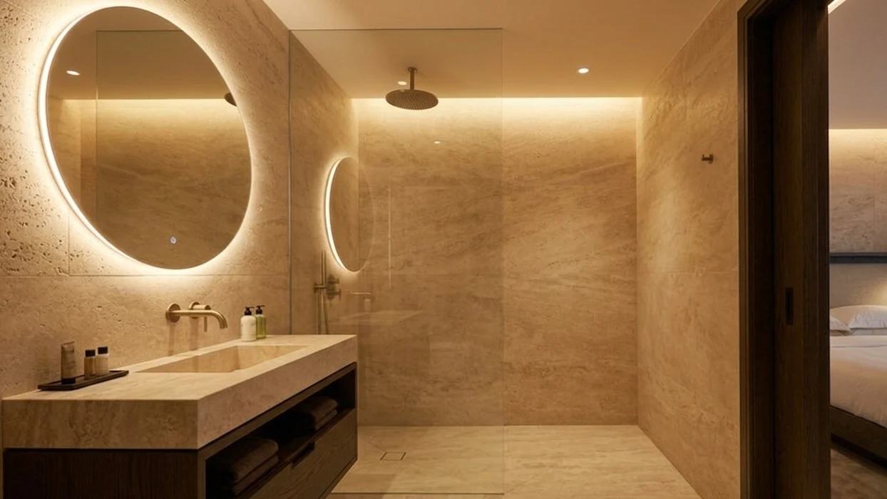 Casa de banho de hotel em travertino com espelhos circulares retroiluminados e duche de efeito chuva, visível a partir do quarto