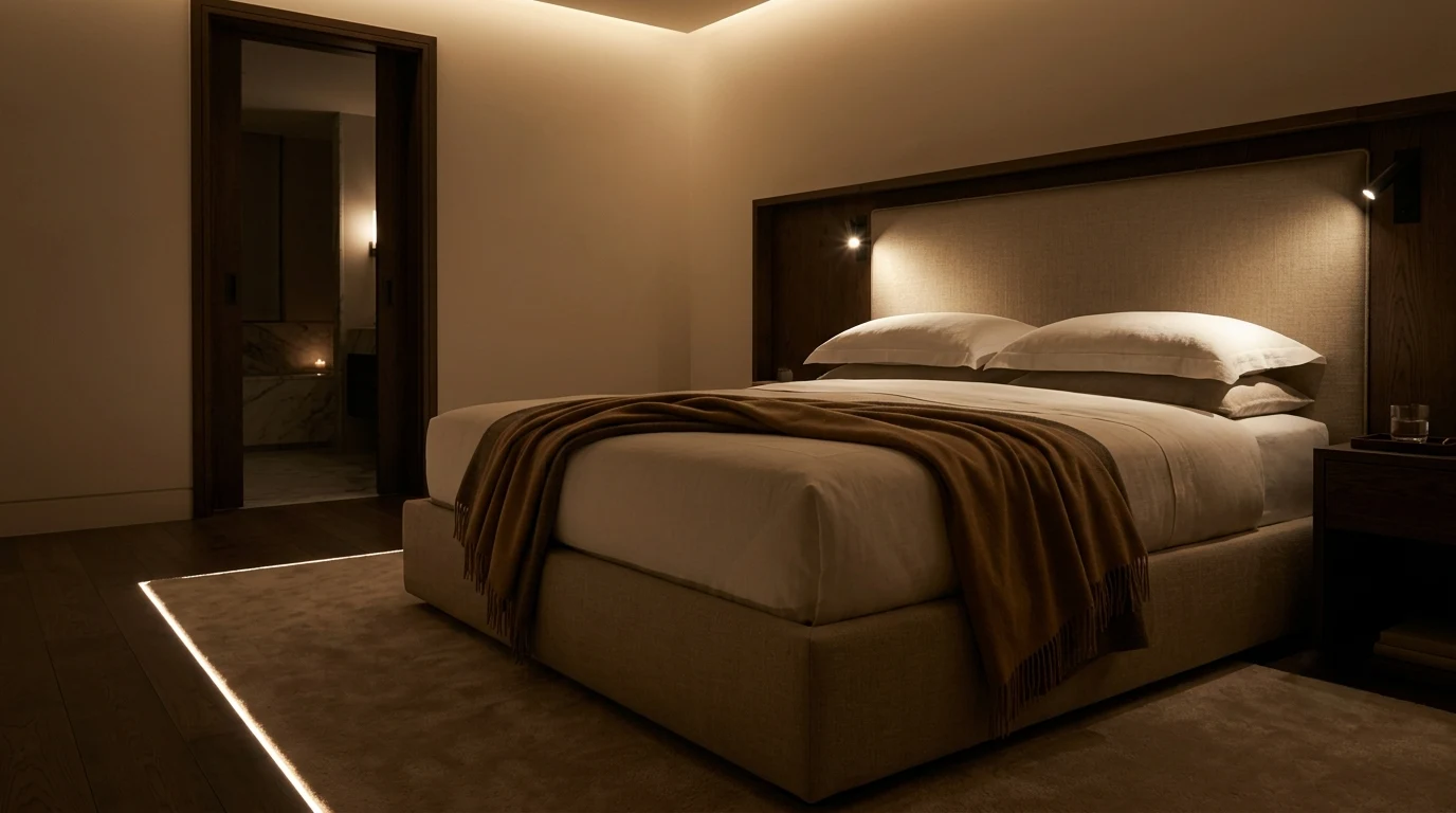 Boutique hotel bedroom in contemporary neoclassical style with linen upholstered headboard and warm indirect lighting