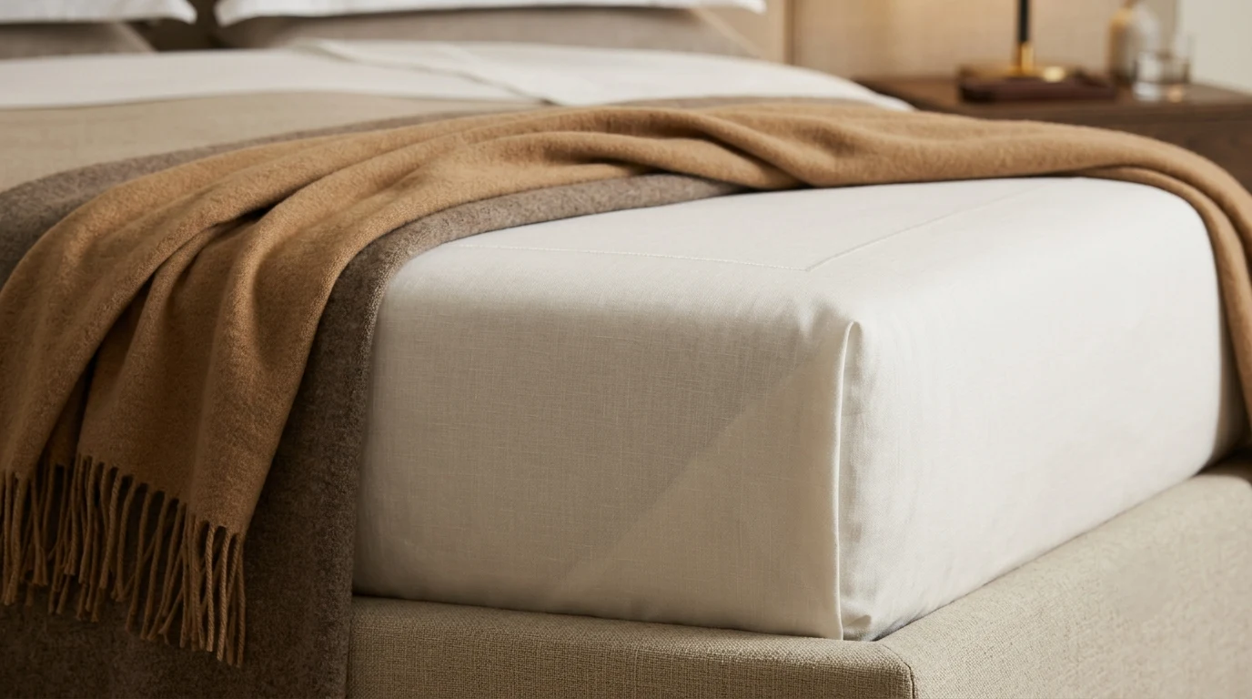 Detalhe de banco estofado em linho com manta de lã camel e roupa de cama em tons neutros, quarto de hotel de luxo