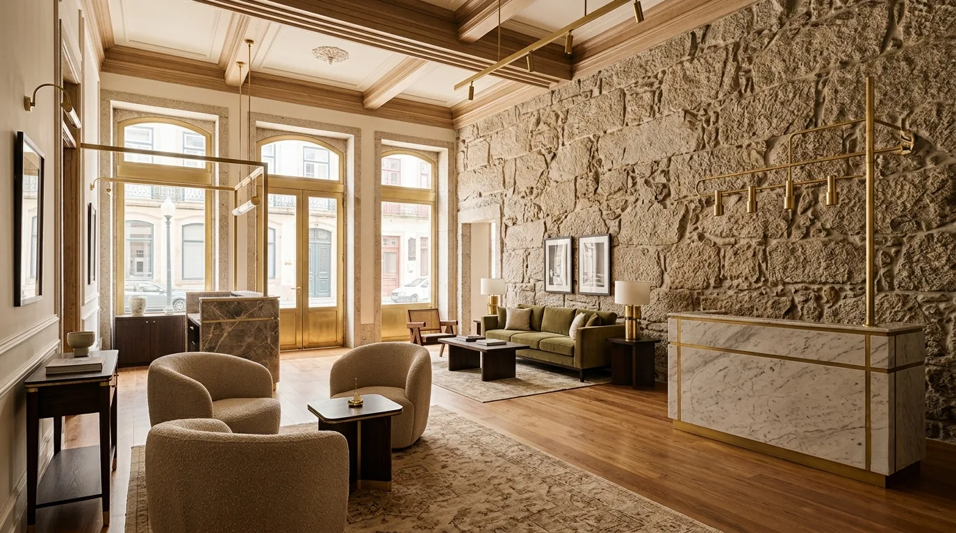 Átrio de hotel boutique em casa de granito reabilitada, Porto