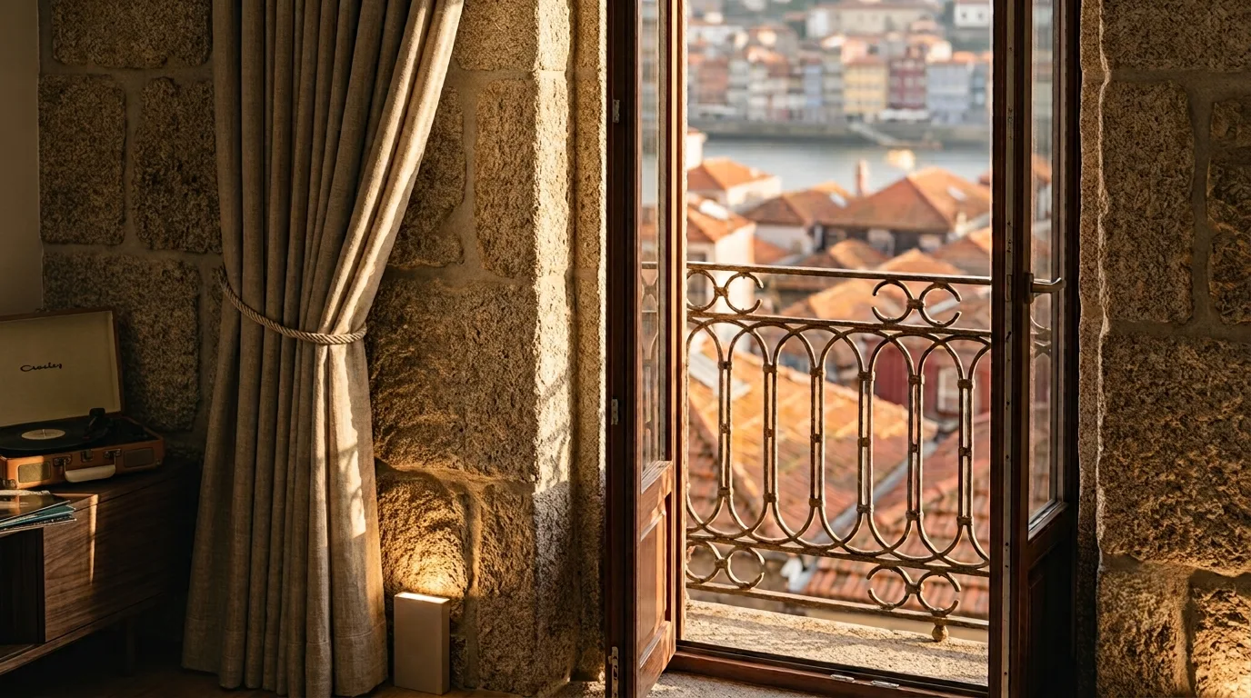 Detalhe de parede de granito original em quarto de hotel, Porto