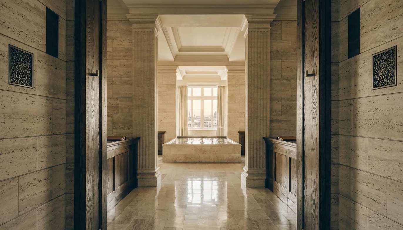 Lobby de hotel de luxo com design neoclássico contemporâneo — linha de visão limpa, materiais nobres e luz quente
