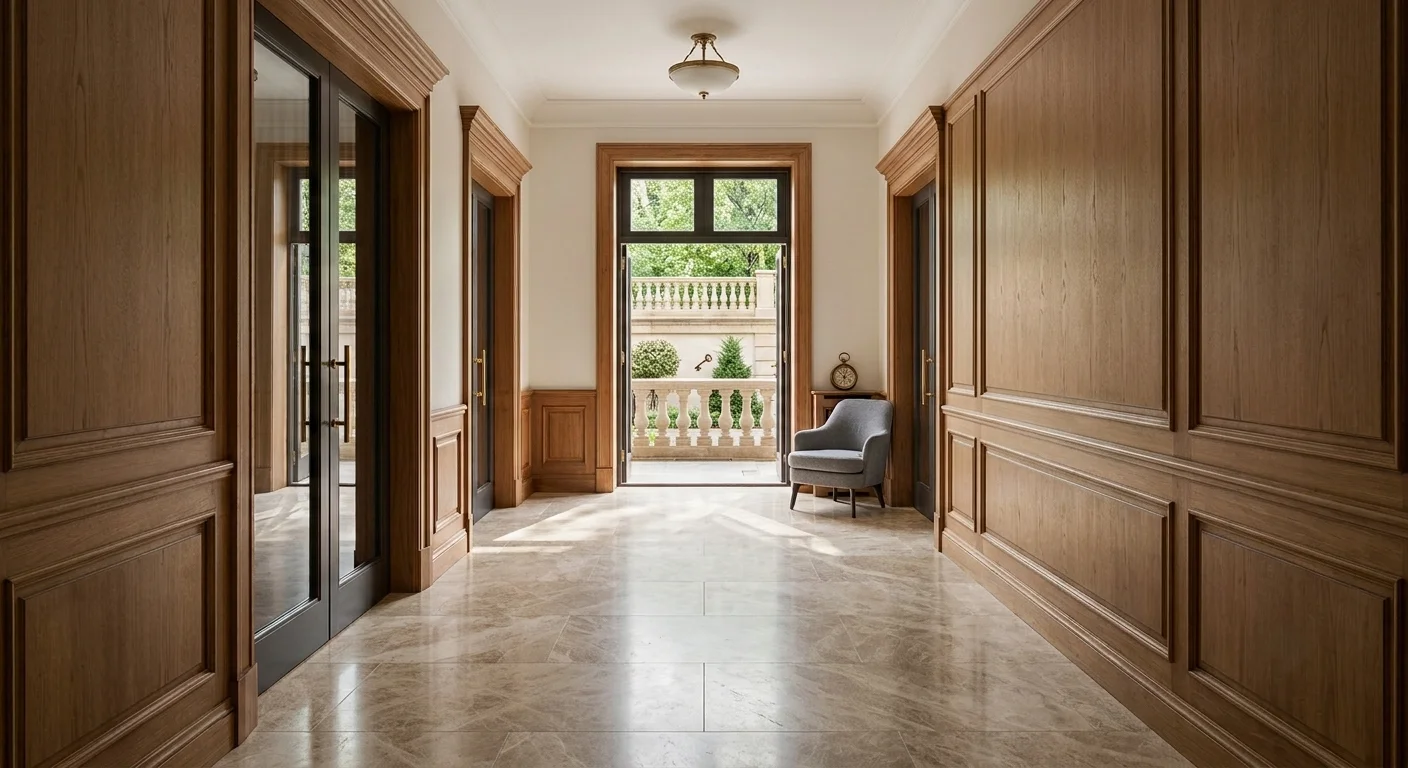 Zona de estar de lobby hoteleiro com poltronas de linho cru e mesa lateral em latão envelhecido — design neoclássico contemporâneo
