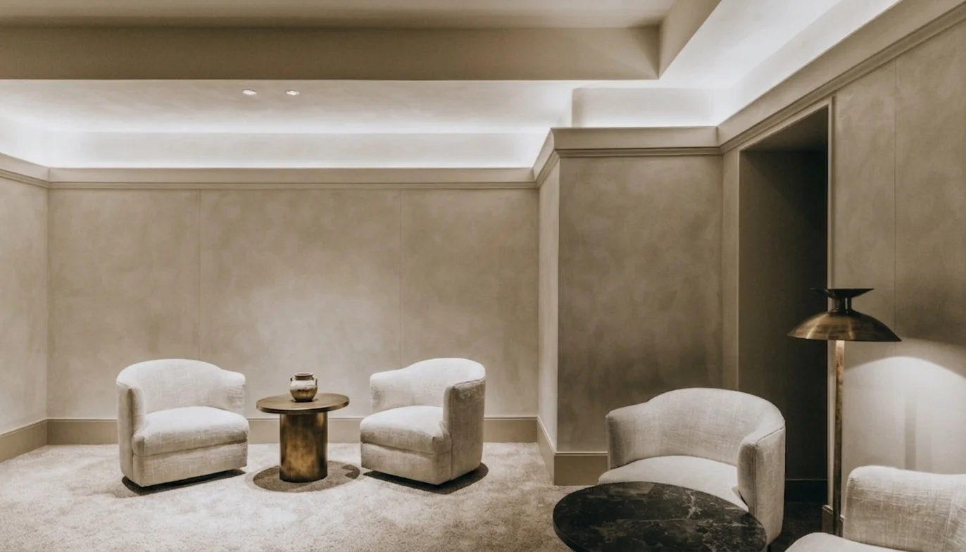 Lobby de hotel boutique sem balcão dominante — eixo claro, zonas de estar diferenciadas e iluminação indireta quente