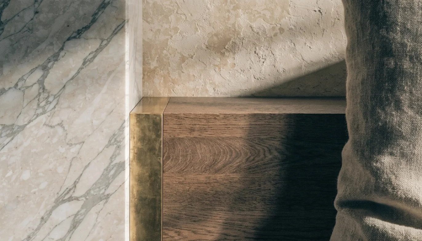 Detalhe de materiais nobres em lobby de hotel — paredes de cal, latão envelhecido e têxtil de alto gramagem