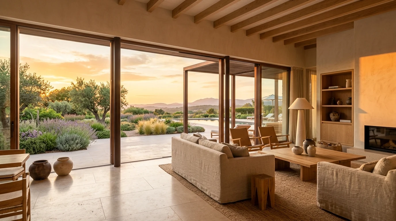 Boutique hotel terrace with loungers facing an open western horizon at sunset, designed for solar eclipse observation