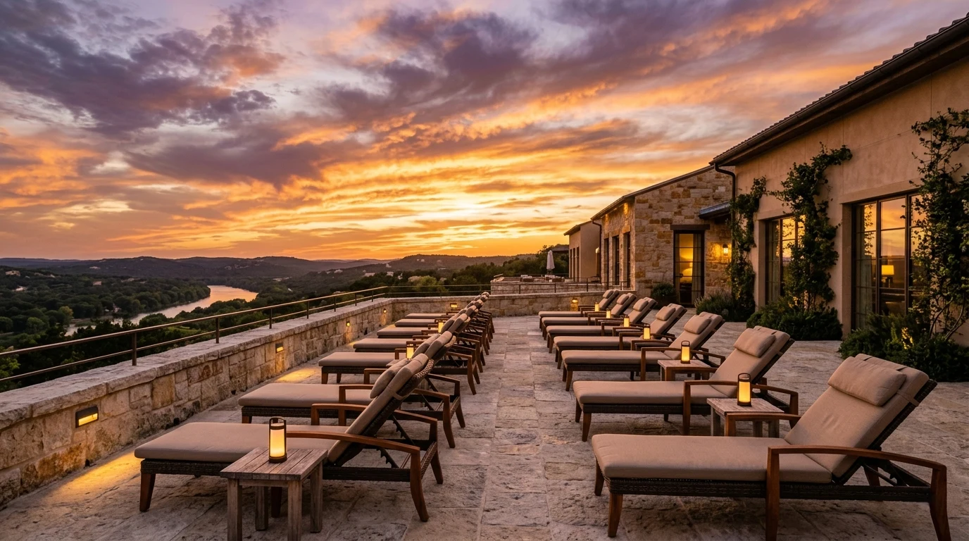 Boutique hotel common area with full exterior access to garden and pool at sunset, reconvertible into an astronomical observation point