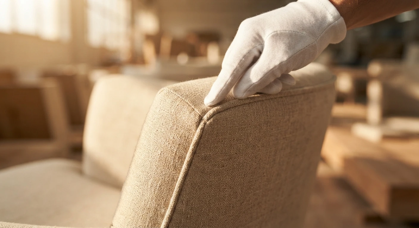Quality control of upholstery in a contract furniture factory: gloved hand examining the seam and finish of an armchair in natural linen