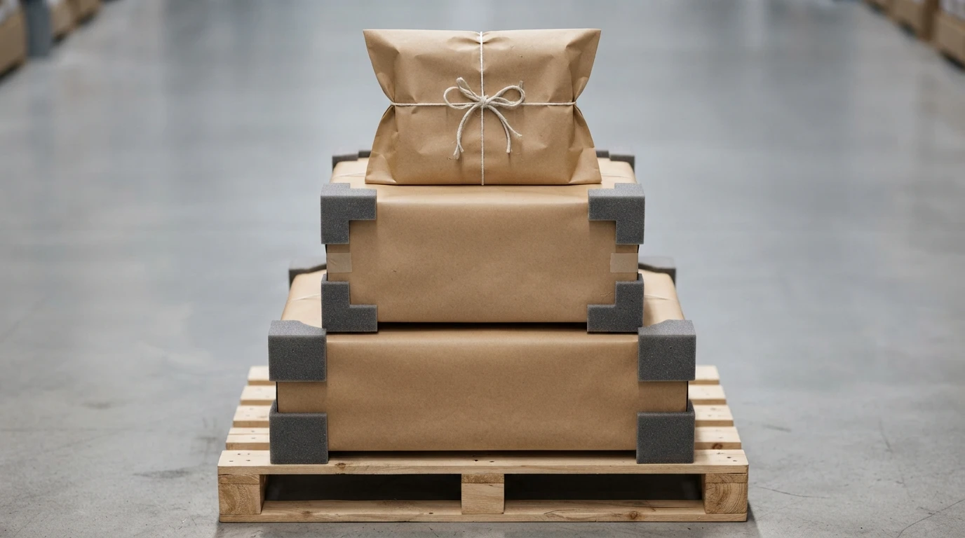 FF&E logistics warehouse with furniture packaged in kraft paper and foam corner protection on a wooden pallet, ready for hotel delivery