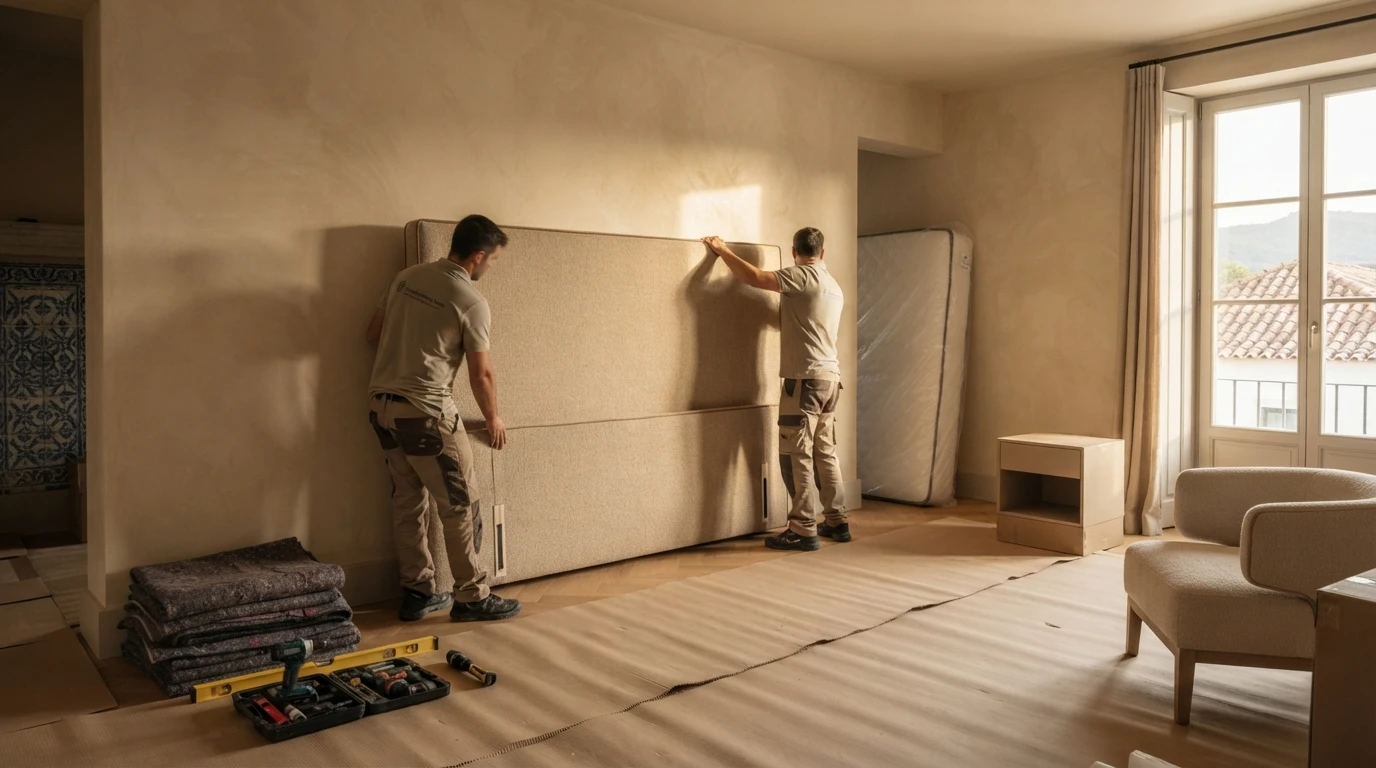 FF&E installation in a boutique hotel bedroom in Portugal: installers positioning an upholstered headboard beside a wrapped mattress and furniture mid-assembly