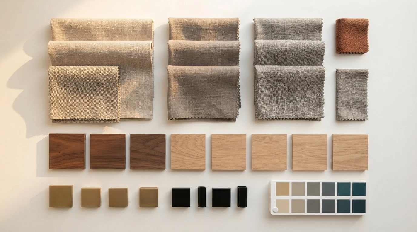 FF&E sample table for approval: fabrics in linen and neutral tones, walnut and oak timber veneers, brass and matt black metal finishes, and a colour reference card