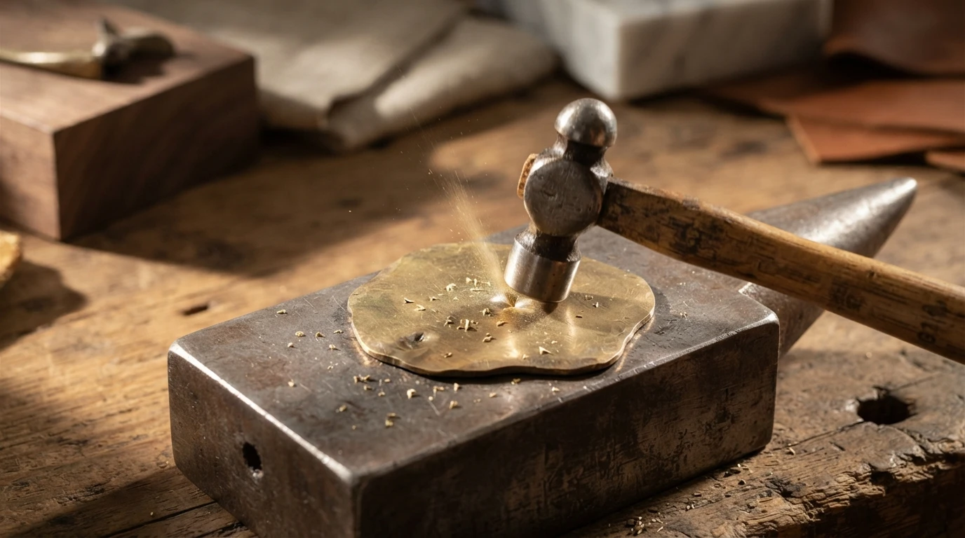 Craftsmanship detail in a luxury furniture workshop in northern Portugal: artisan hand-forging a brass hardware piece with a hammer on an anvil