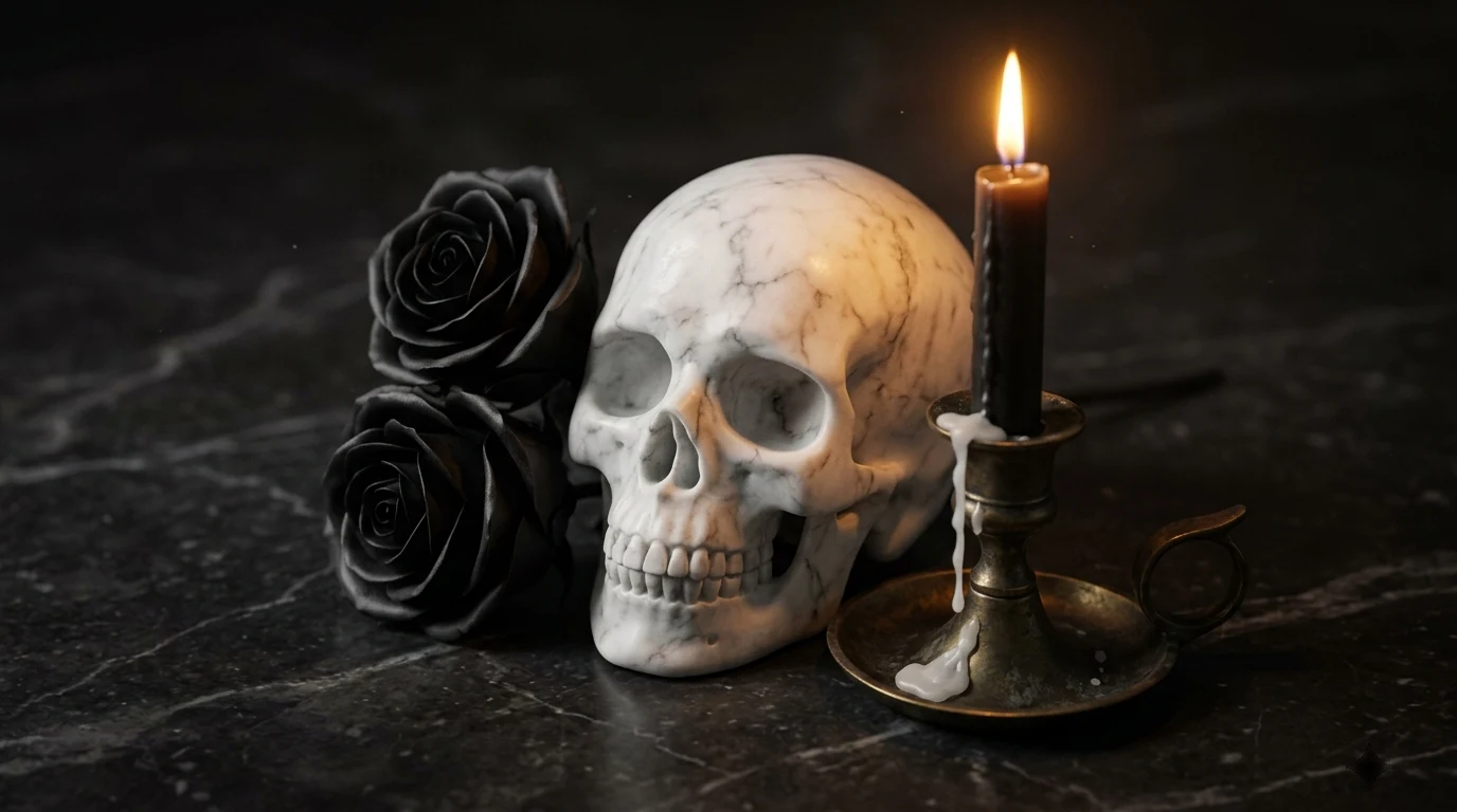 Elegancka kompozycja Halloween: biała marmurowa czaszka, róże w matowej czerni, skapany wosk na postarzanym mosiężnym kandelabrze