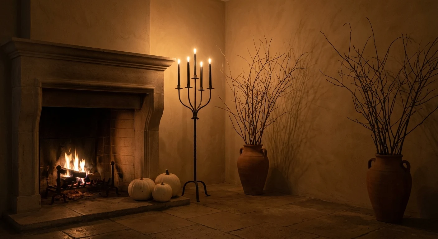 Lobby butikowego hotelu z wyrafinowaną dekoracją na Halloween: czarne świece w mosiężnych kandelabrach, suche gałęzie i naturalne białe dynie