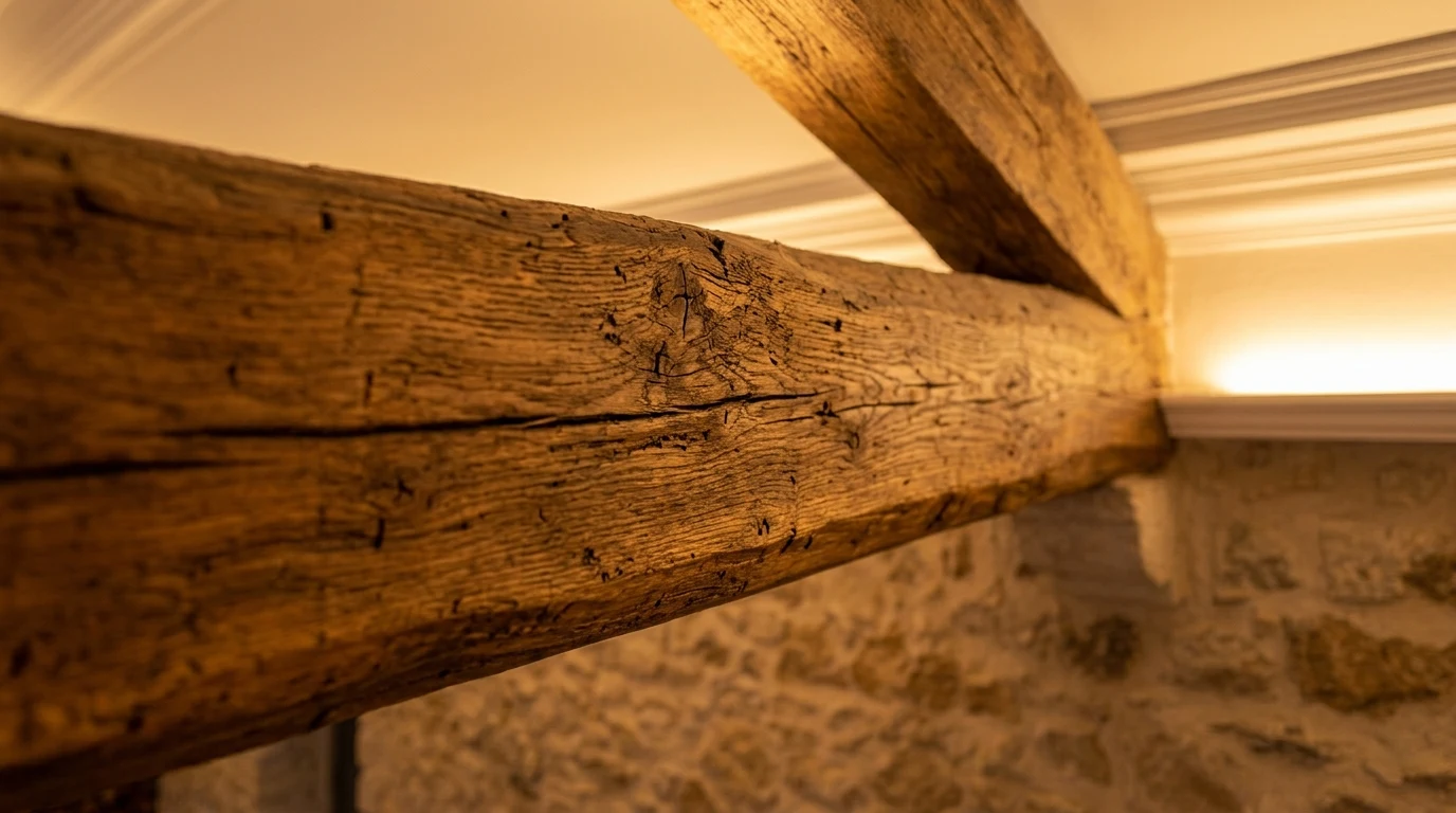 Detalle de viga de madera centenaria en hotel rural con iluminación rasante cálida que revela textura y carácter