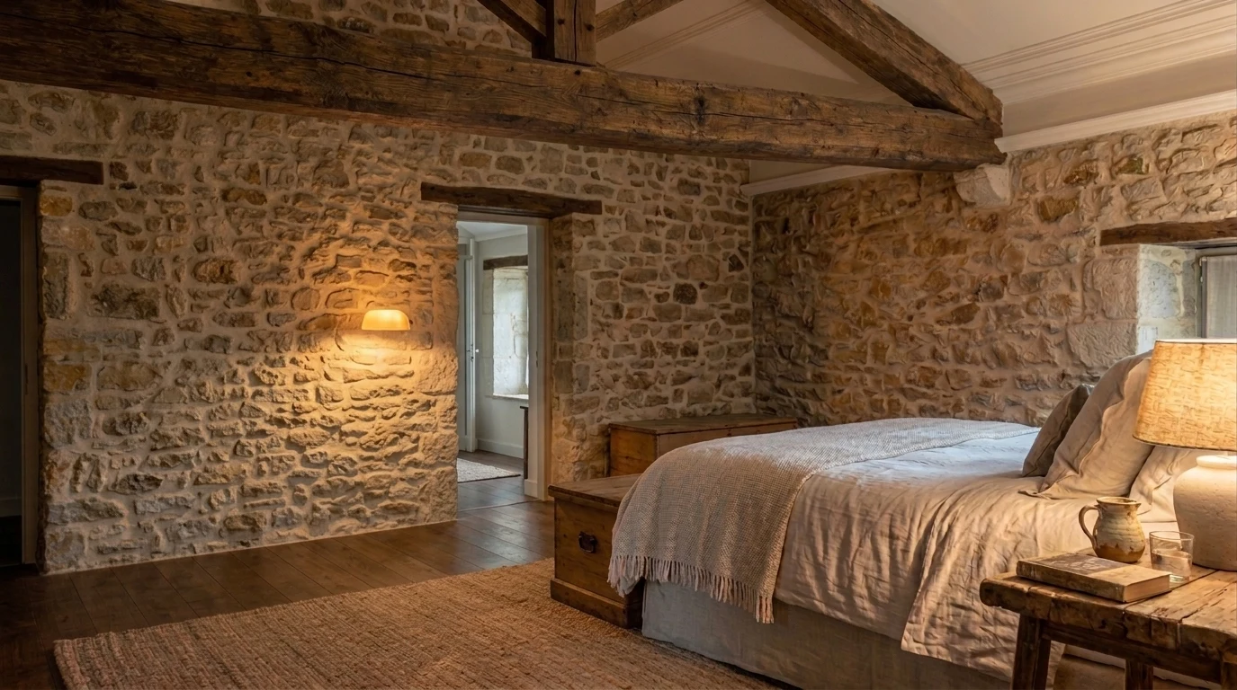 Dormitorio de hotel rural de lujo con muros de piedra vista, vigas de madera e iluminación cálida indirecta