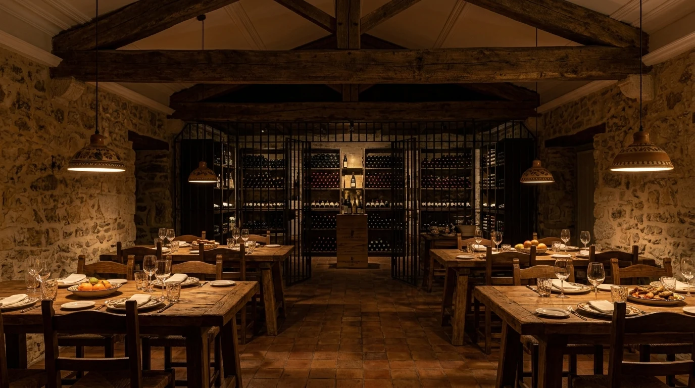 Comedor de hotel rural con luminarias suspendidas artesanales, iluminación sobre mesa a 2700K y bodega vista al fondo
