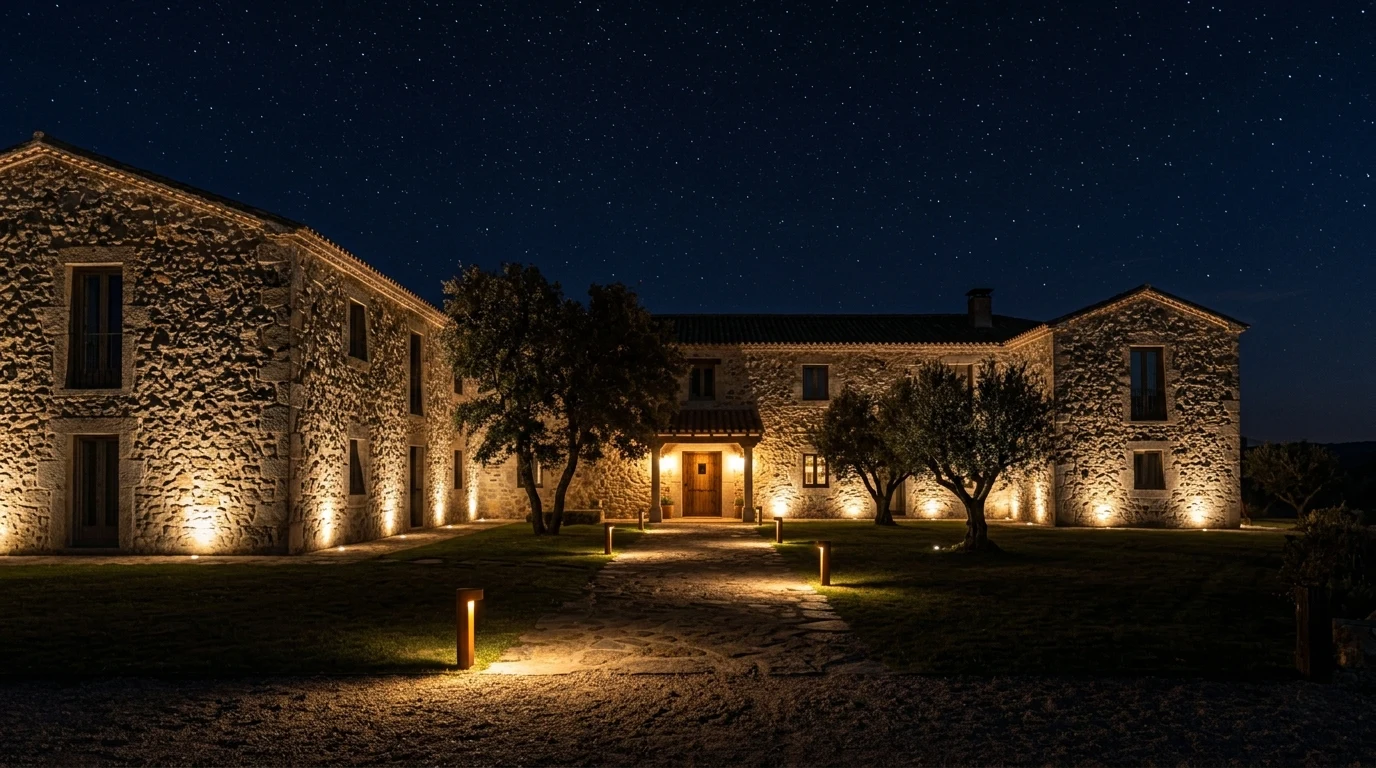 Exterior nocturno de hotel rural de lujo en España con iluminación cálida de fachada, jardín y entrada