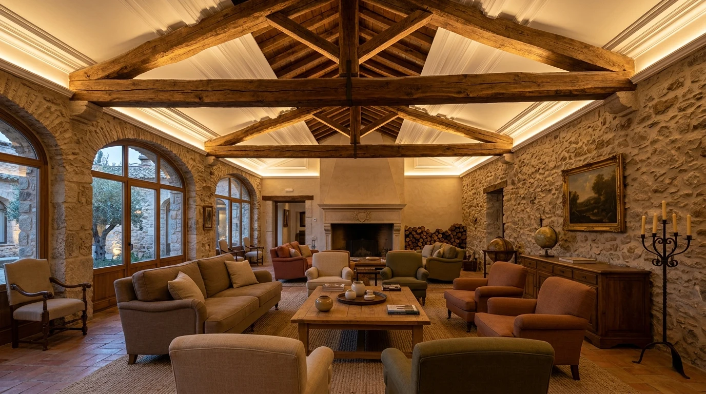 Salón principal de hotel rural de lujo con molduras neoclásicas, vigas de madera y iluminación cálida a 2700K