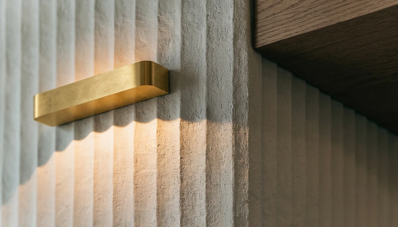 Luminária de parede warm-dim a rasar painel de gesso estriado num espaço wellness