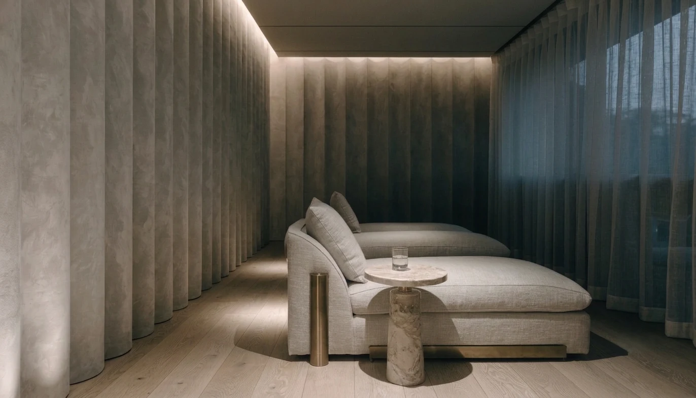 Iluminação quente indireta numa zona de relaxamento de spa de hotel, design wellness